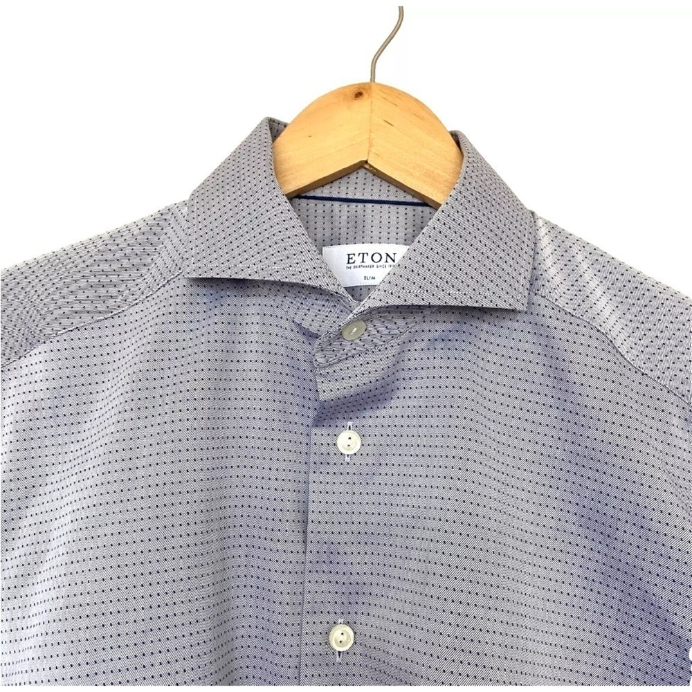 Eton Slim Fit Signature Twill Dress Shirt Blue Polka dot Size 40/15.75